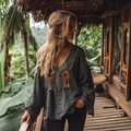 Boho Sunflower Tribal Embroidery Print Cotton And Linen Blend Loose Blouse artswardrobe