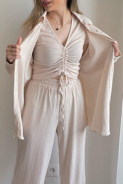 Draw String Fold Turndown Collar Long Sleeve Three Pieces(shirt Vest Trousers)