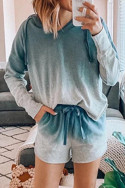 Print Make Old Draw String Hooded Collar Long Sleeve Two Pieces