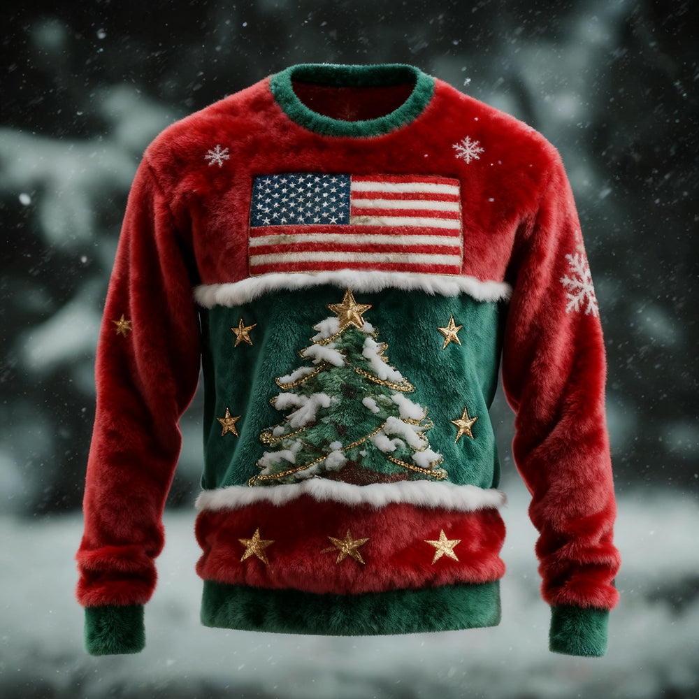 Comstylish Men's American Flag Christmas Tree Cozy Plush Sweatshirt