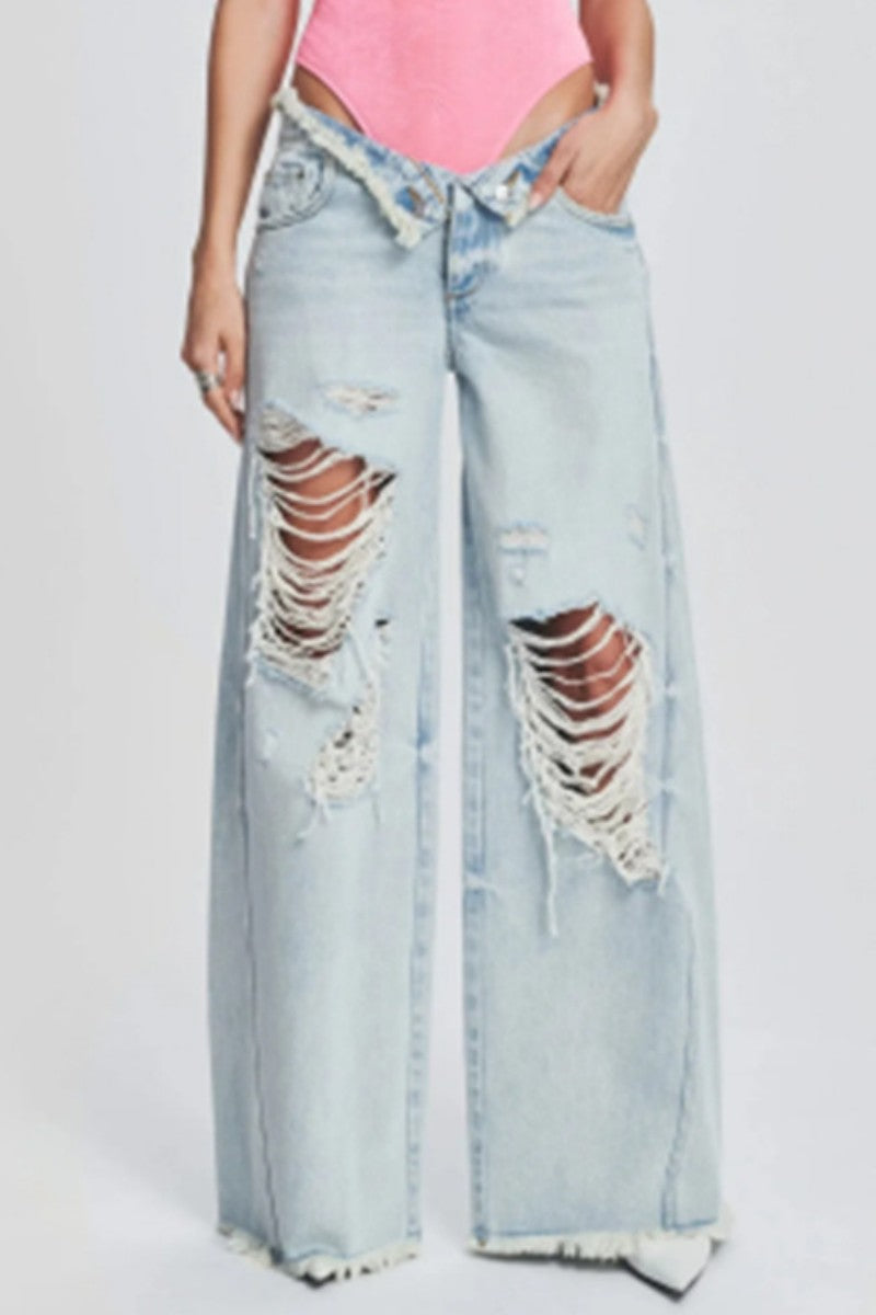 Ripped Patchwork Mid Waist Regular Denim Jeans (subject to the Actual Object)