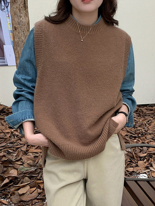High-low Loose Color Split-joint Split-side Round-neck Knitwear Vest Top