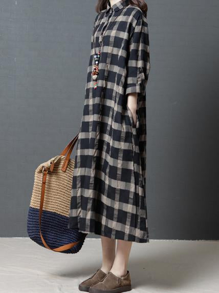 Loose Plaid Ramie Cotton Blouse Midi Dresses