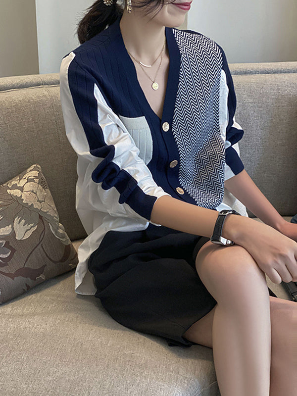 Urban Long Sleeves Contrast Color Split-joint V-neck Cardigan Tops