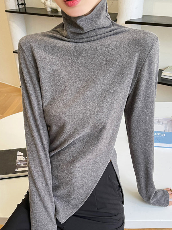 Skinny Long Sleeves Split-side Color High-neck T-shirts Tops