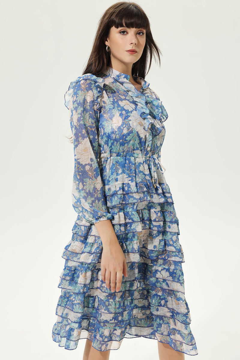 Printed Long Sleeve Layered Ruffle Hem Lace Up Midi Dress