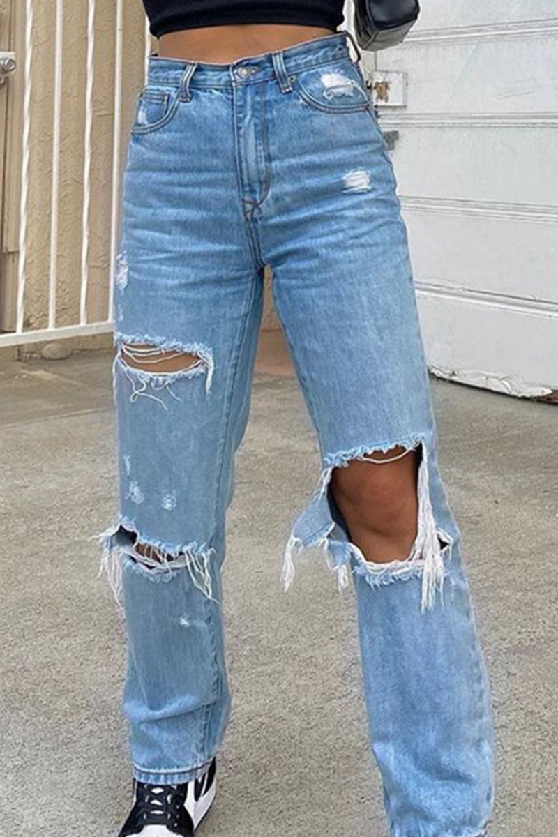 Ripped Mid Waist Straight Denim