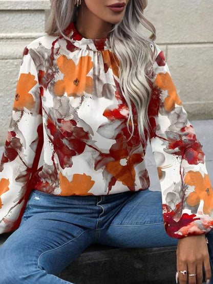 Long Sleeves Loose Elasticity Flower Print Pleated Mock Neck Blouses&shirts Tops
