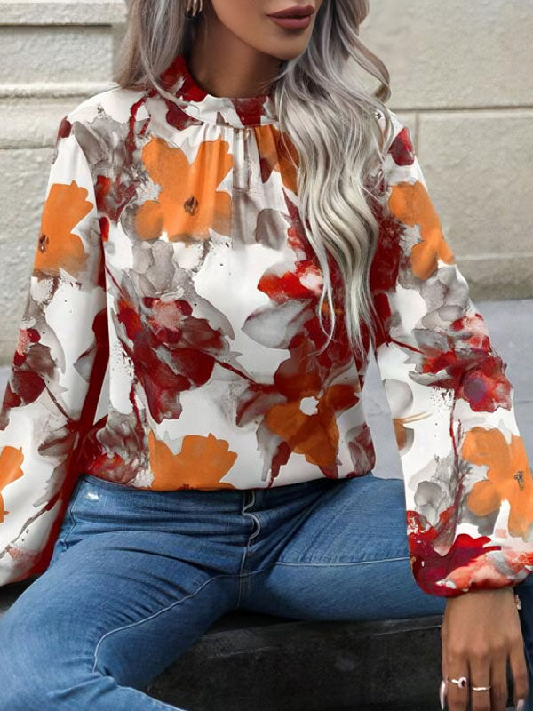 Long Sleeves Loose Elasticity Flower Print Pleated Mock Neck Blouses&shirts Tops