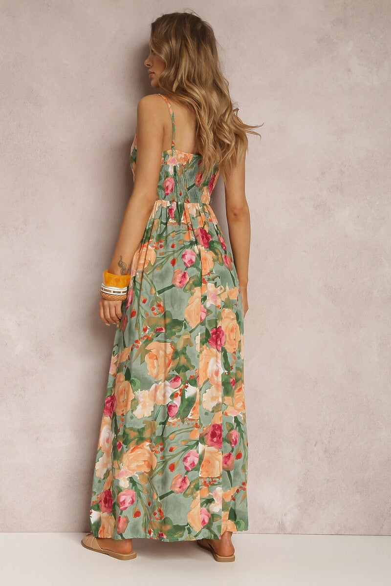 Cami Print V-neck Sleeveless Backless Maxi Dress Green