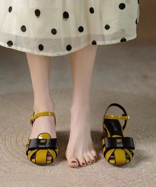 Faux Leather Yellow Splicing Buckle Strap Hollow Out Sandals Ag1020