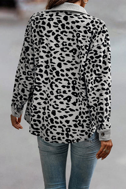 Sweet Leopard Pocket Turndown Collar Tops