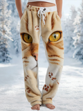 Comstylish Women's Winter Cute Cat Pattern Warm Flannel Casual Long Pants
