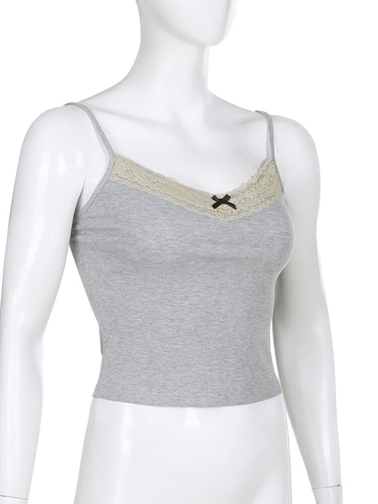 Y2k Bow Knitted Crop Top Lace V Neck Mini Vest Basic Camis Harajuku Grey Sweats Aesthetic Korean Tee