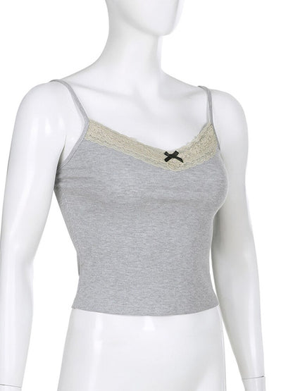 Y2k Bow Knitted Crop Top Lace V Neck Mini Vest Basic Camis Harajuku Grey Sweats Aesthetic Korean Tee