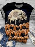 Black Cats Peek A Boo Pumpkins Crew Neck T-Shirt elevenforest