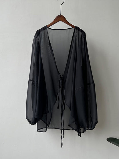 Bishop Sleeve Long Sleeves See-through Split-joint Tied Collarless Blouses&shirts Tops