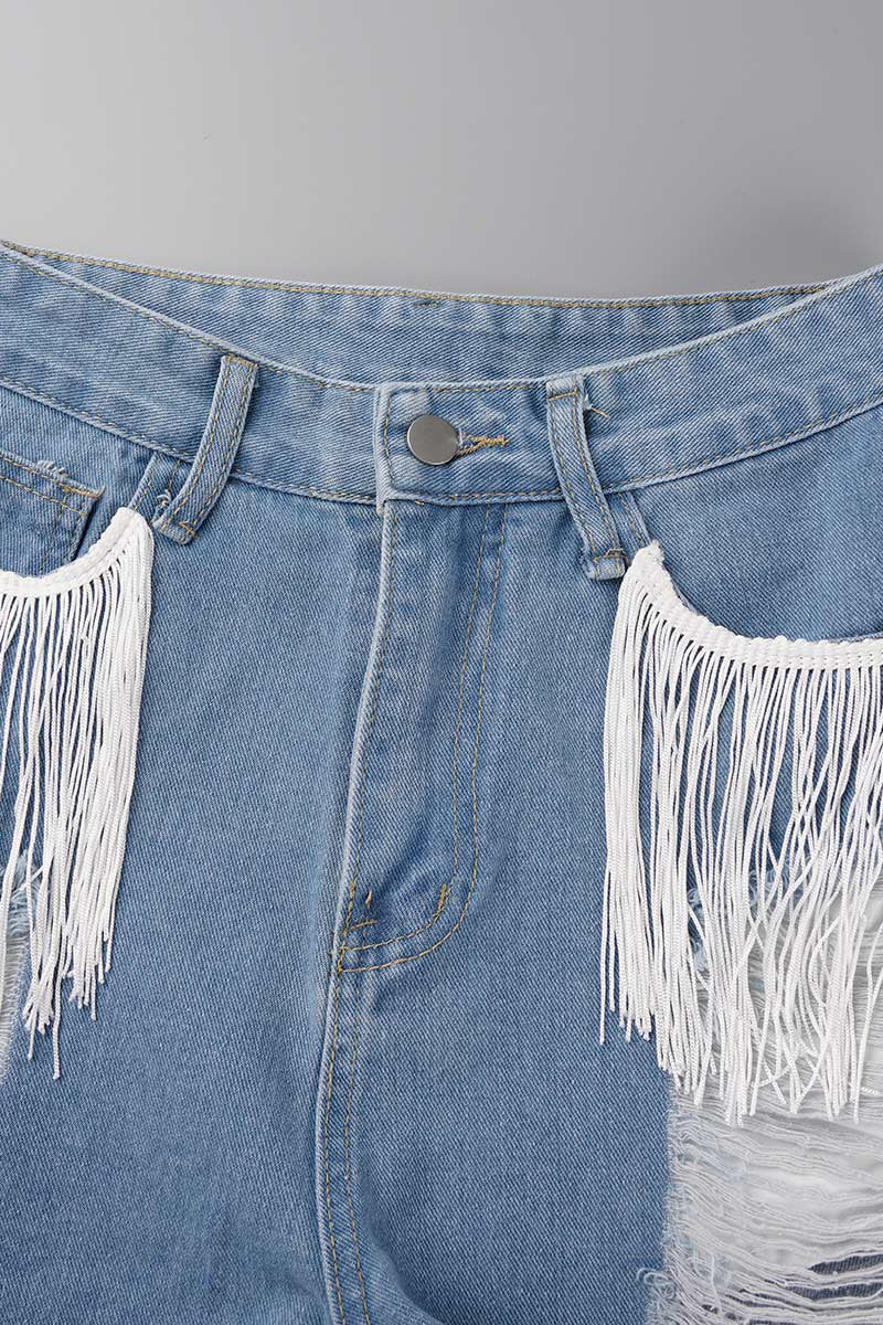 Simplicity Tassel Ripped Straight Denim Shorts