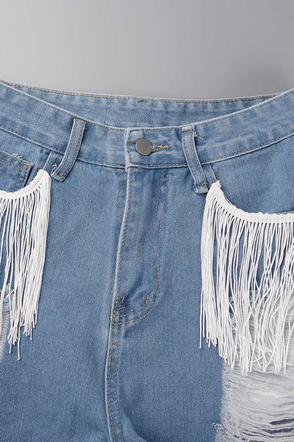 Simplicity Tassel Ripped Straight Denim Shorts