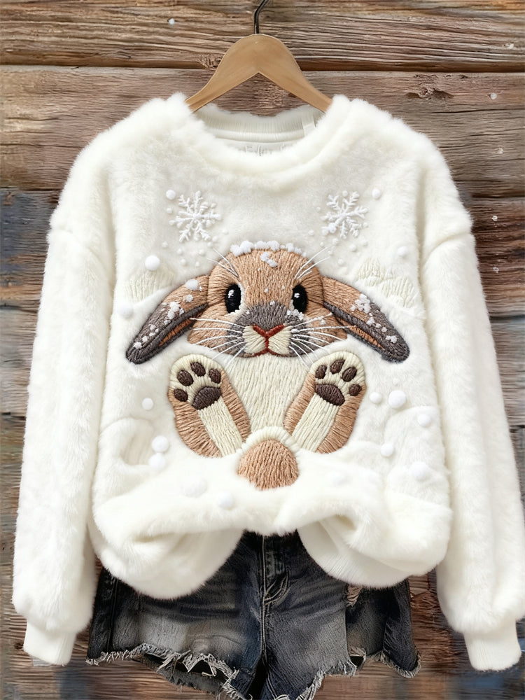 Lovely Bunny & Snow Embroidered Cozy Plush Sweatshirt