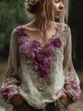Comstylish Bohemian Style Round Neck Long Sleeve 3d Purple Flower Design Cotton And Linen Top For Women