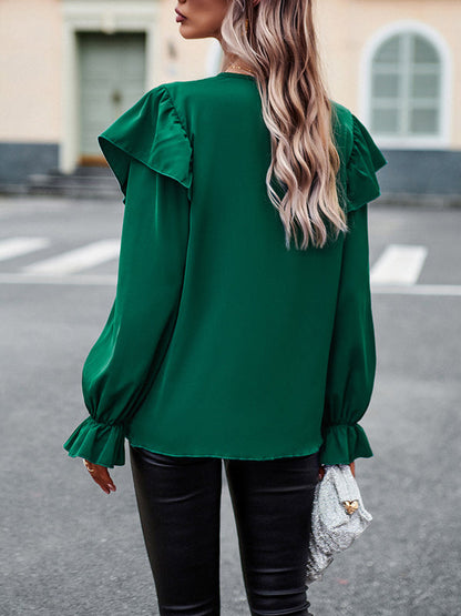 Long Sleeves Loose Asymmetric Hollow V-neck Blouses&shirts Tops