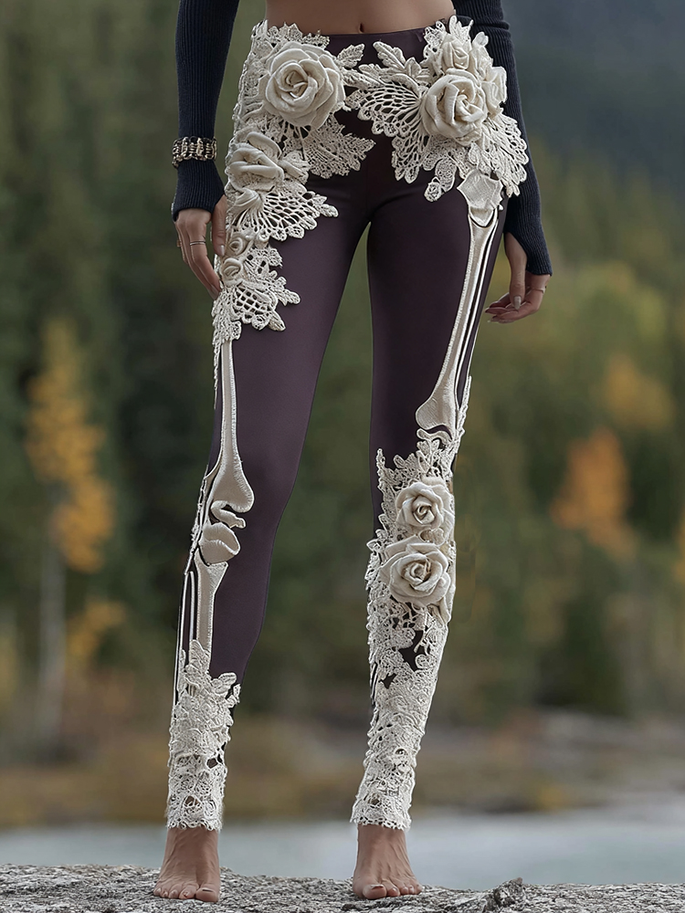 Vintage Halloween Skeleton Bones With Rose Art Cozy Knit Leggings artswardrobe