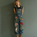 Comstylish Vintage Puppy And Floral Oil Painting Art Jeans Jumpsuit