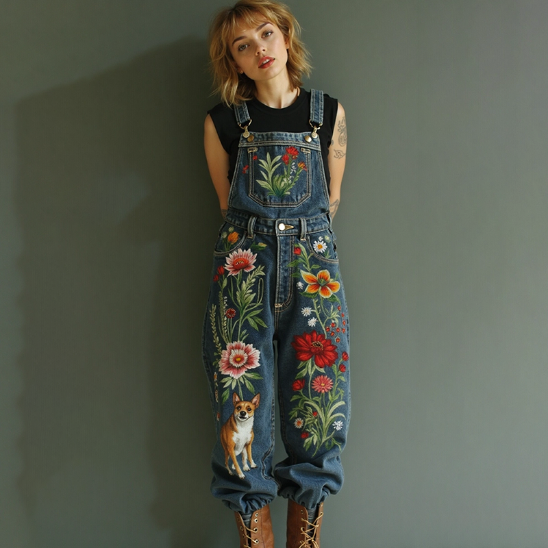 Comstylish Vintage Puppy And Floral Oil Painting Art Jeans Jumpsuit