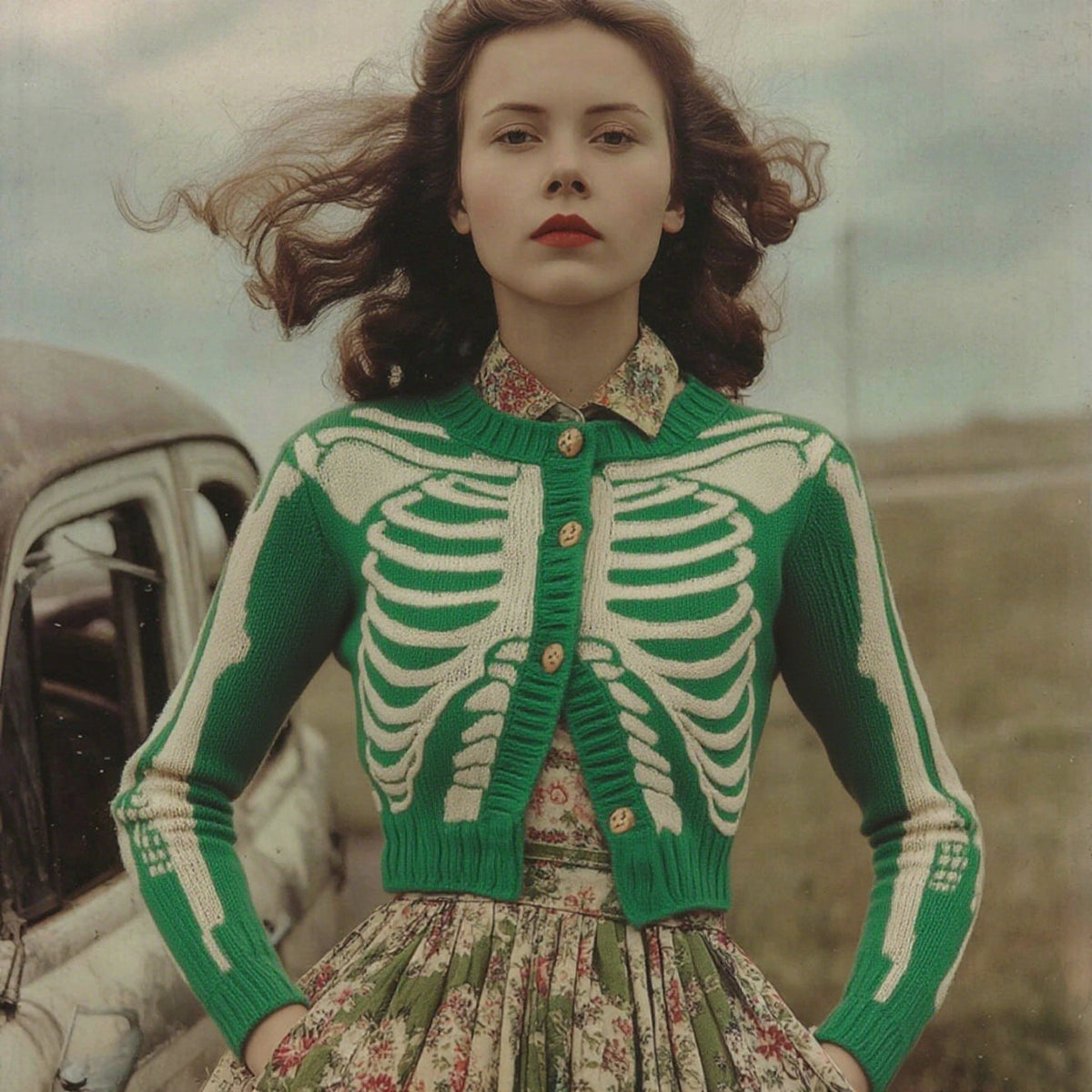 Women's Vintage Skull Ribs Pattern Cozy Knit Sweater Cardigan artswardrobe