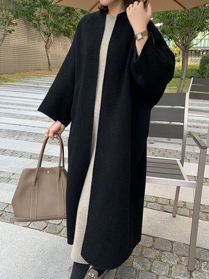 Long Sleeves Loose Color Collarless Woolen Coat