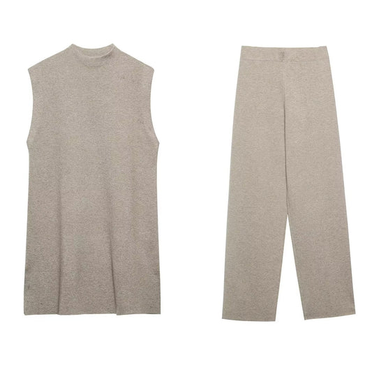 French Suit Sleeveless Round Neck Pullover Side Slit Sweater High Waist Pants