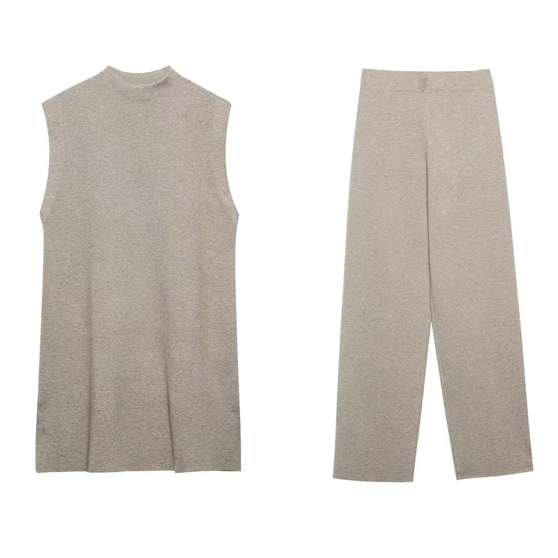 French Suit Sleeveless Round Neck Pullover Side Slit Sweater High Waist Pants