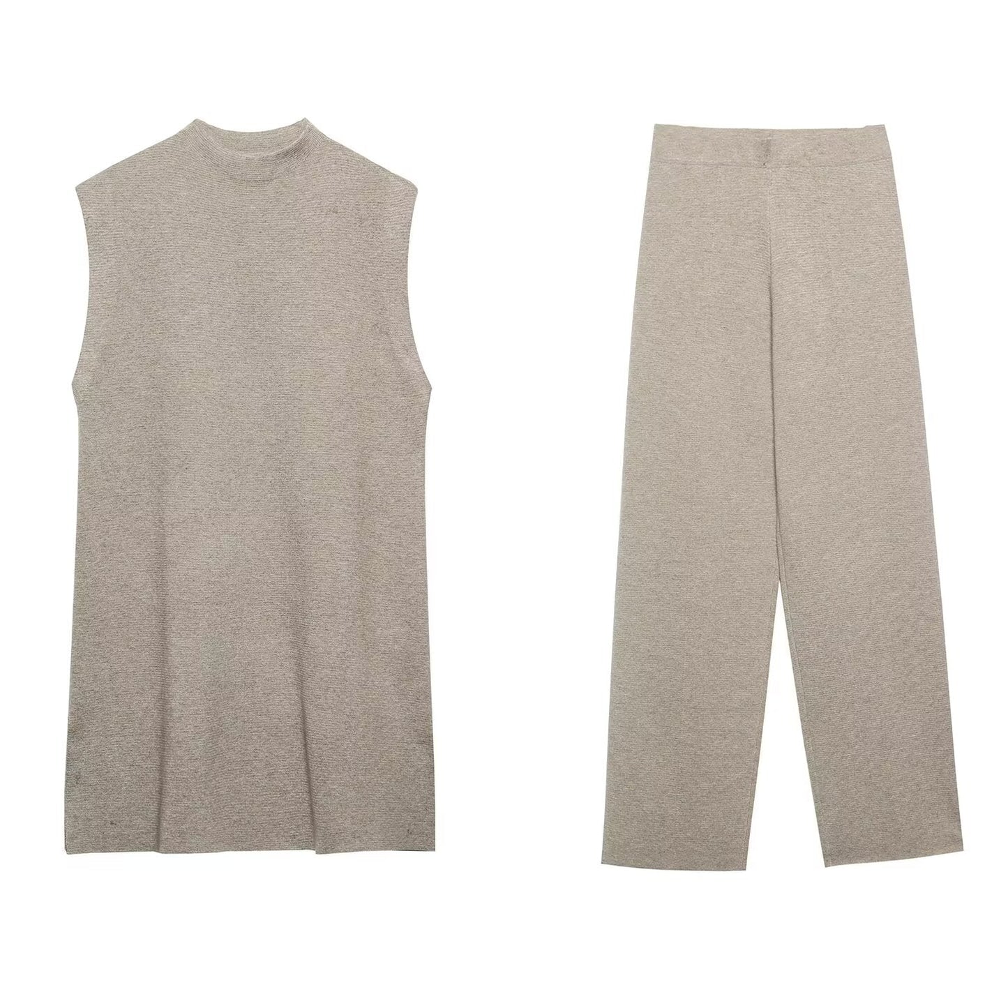French Suit Sleeveless Round Neck Pullover Side Slit Sweater High Waist Pants
