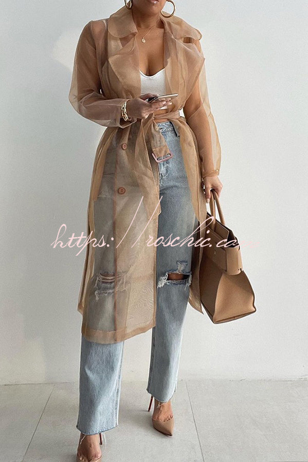 Color Patchwork Button Belt Pocket Long Sleeve Coat