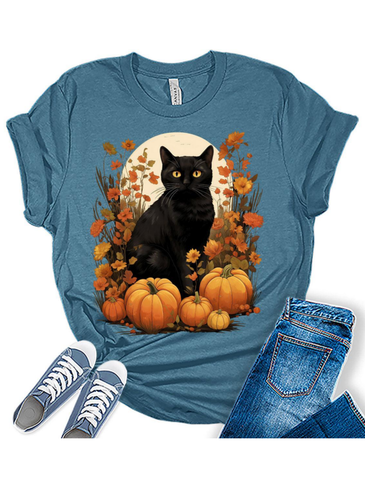 Womens Fall Black Cat Halloween Pumpkins T-Shirt artswardrobe