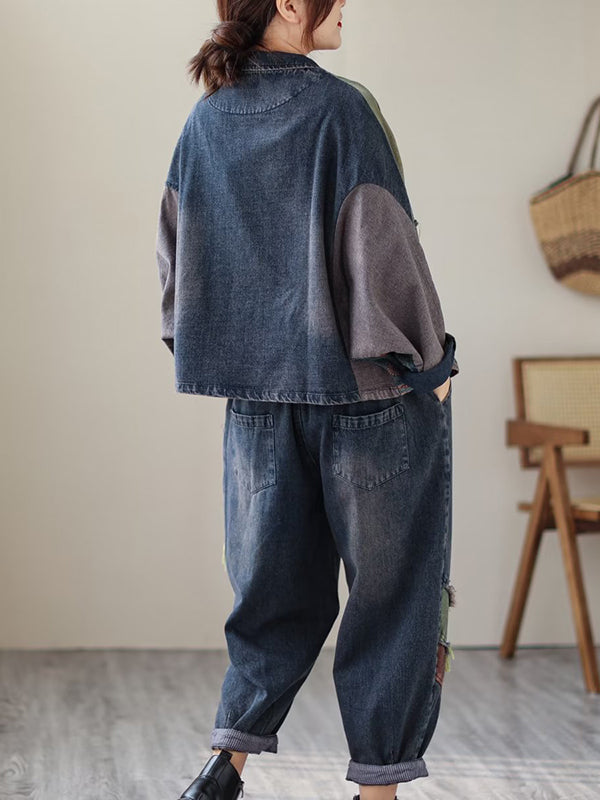 Contrast Color Fringed Split-joint Long Sleeves Printed Outwear + Harem Pants Two Pieces Set