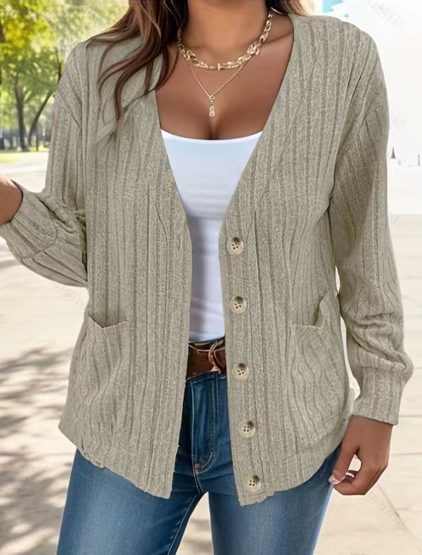 Autumn Winter Temu Clothing Color Buttons V Neck Loose Long Sleeved Cardigan