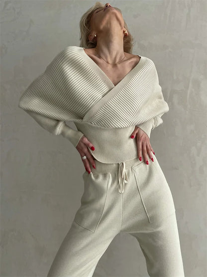 Tossy Knit V-neck Pullover 2 Piece-set for Patchwork Sweater and High Waist Drawstring ’s Pants Sets Outfits