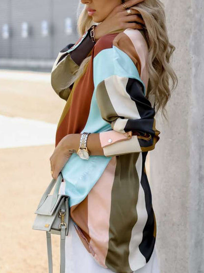 Long Sleeves Loose Contrast Color Printed Lapel Blouses