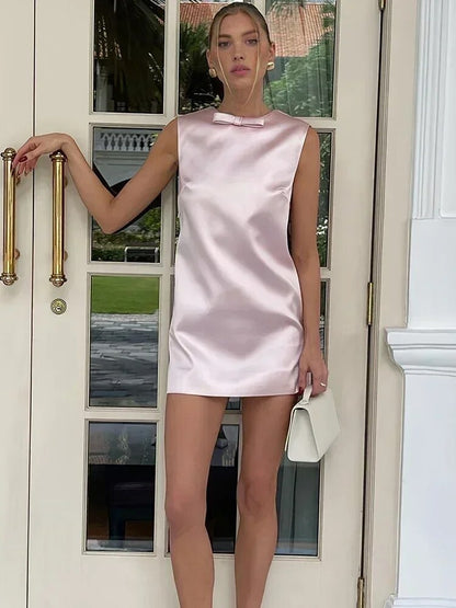 Taruxy Satin Mini Dress for Backless Bow Clothes Sleeveless Tank Dresses Femme Party Evening Dress Woman