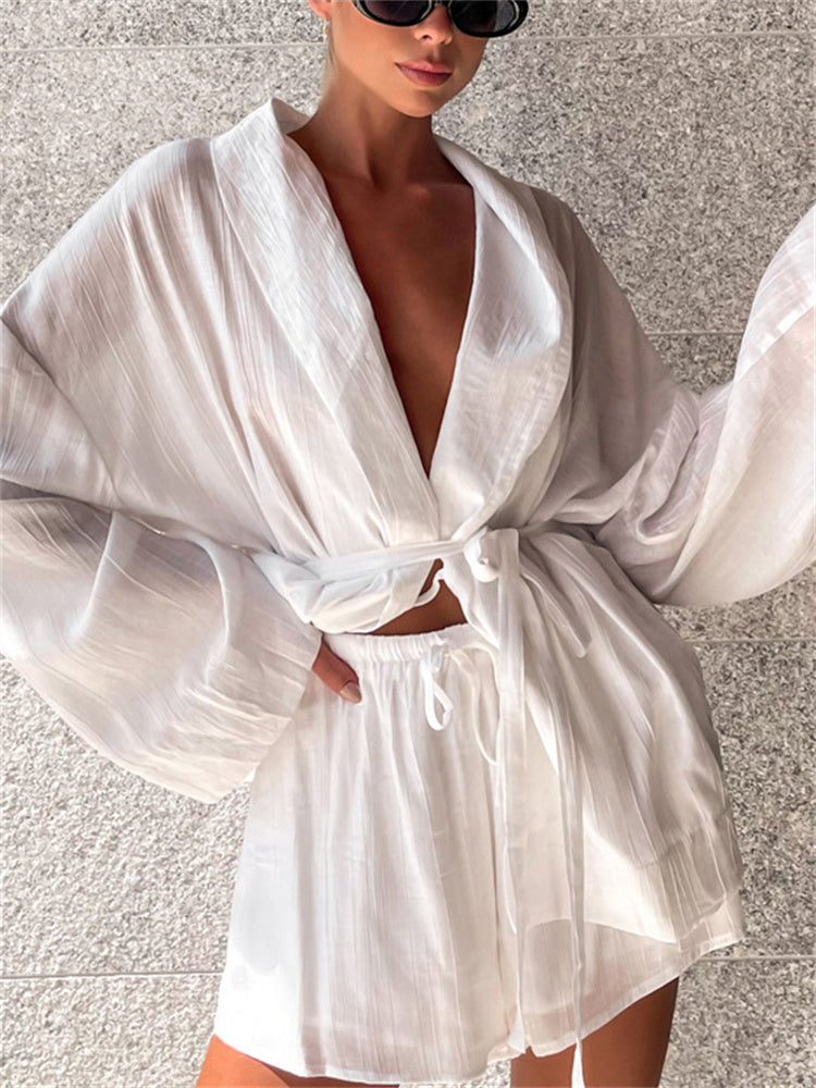 Tossy White Lace-up 2 Piece-set Shorts for Loose Bandage Cardigan Coat and High Waist Shorts Sets Female Outfits