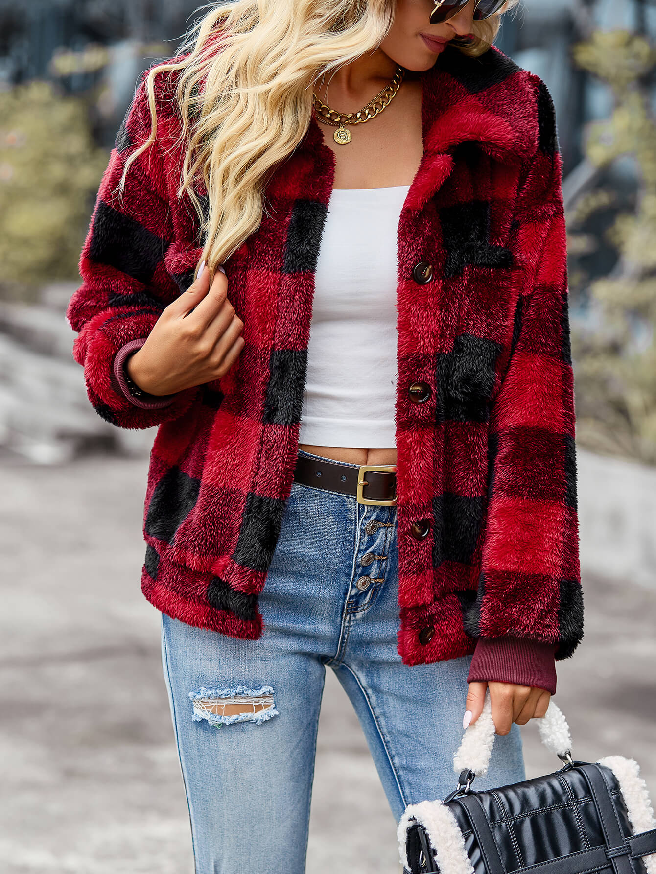 Bust Pocket Plaid Fleece Coat - Red