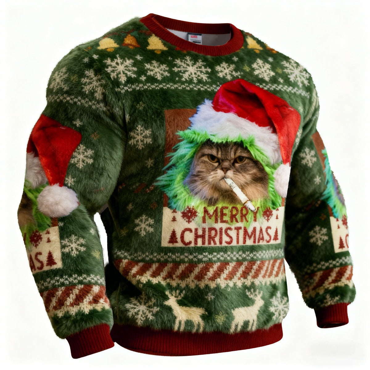 Comstylish Men's Green Funny Smoking Cat Meme Christmas Ugly Plush Sweatshirt