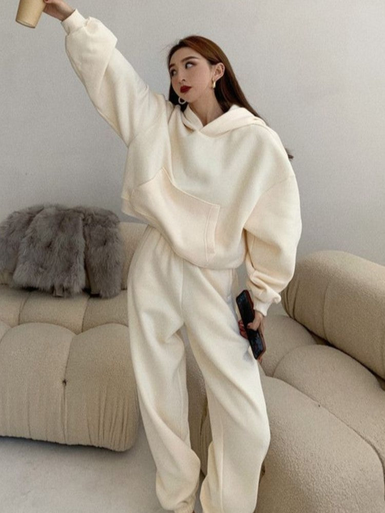 Spring Fleece Cotton 2 Pieces Sets Hoodies Sweatshirt Tracksuit Pullover Female Pants Suits Plus Sport Home Outfits