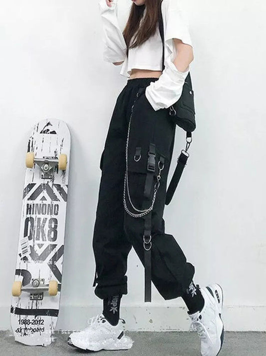 Cargo Pants Harem Pants Punk Pockets Jogger Trousers With Chain Harajuku Elastics High Waist