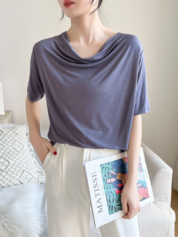 Short Sleeves Pleated Color Heaps Collar T-shirts Tops