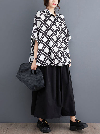 Batwing Sleeves High-low Buttoned Plaid Printed Lapel Blouses&shirts Tops