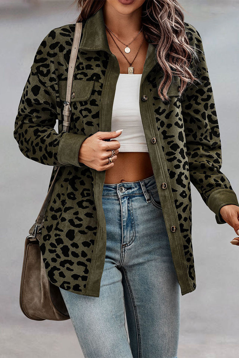 Sweet Leopard Pocket Turndown Collar Tops