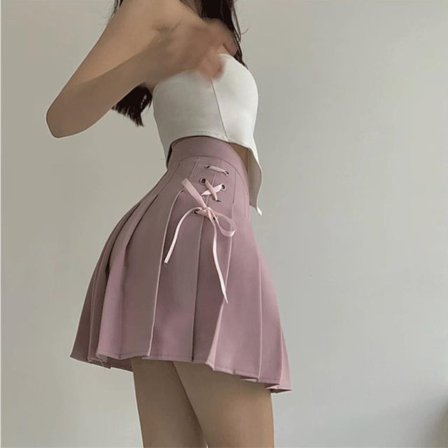 White Lace Up Pleated Skirts Summer Clothing Zipper Dancing Jk Mini Skirts Black Student A-line Skirt
